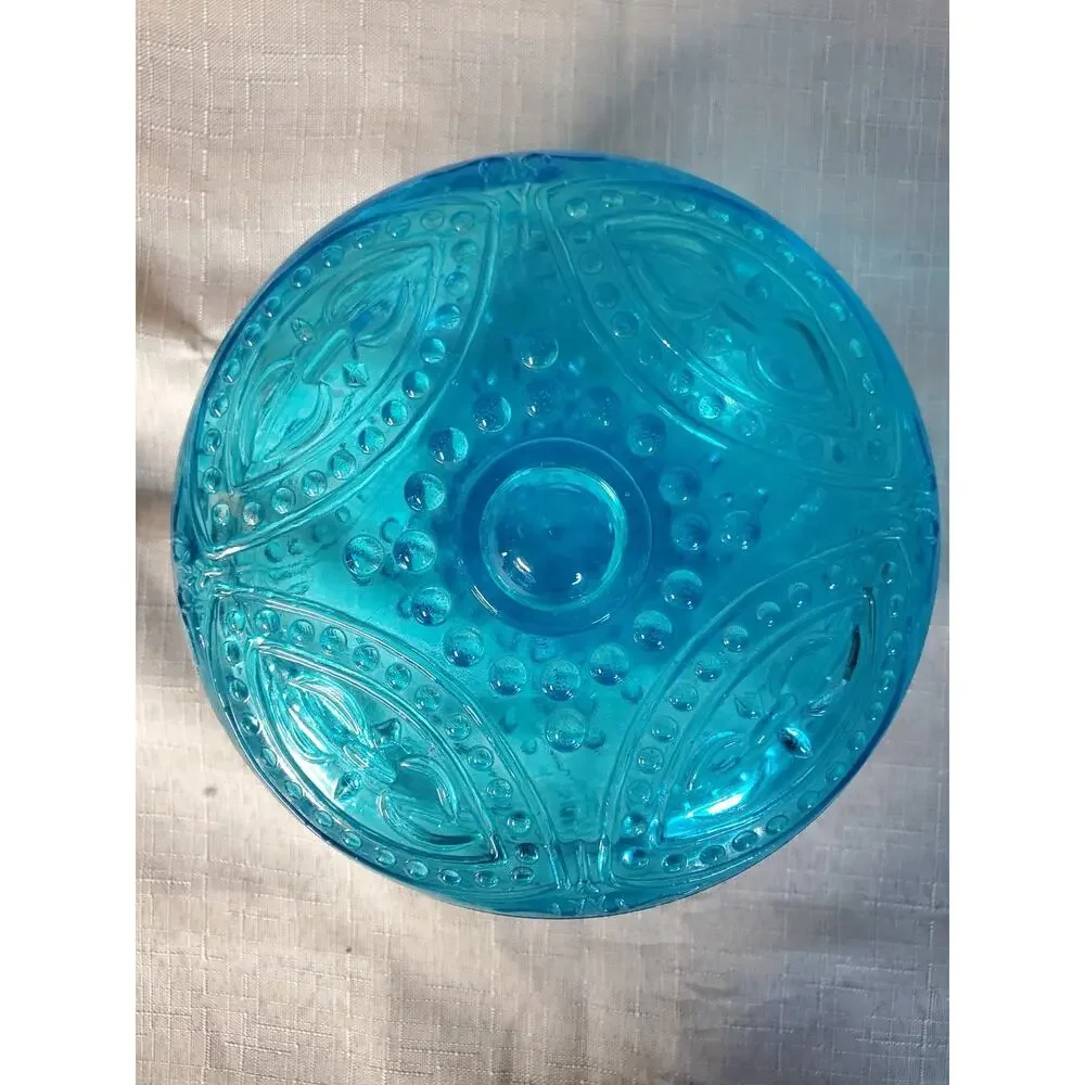 Vintage Teal Blue Glass Lidded Candy Dish Trinket Box Ornate Pressed Hobnail